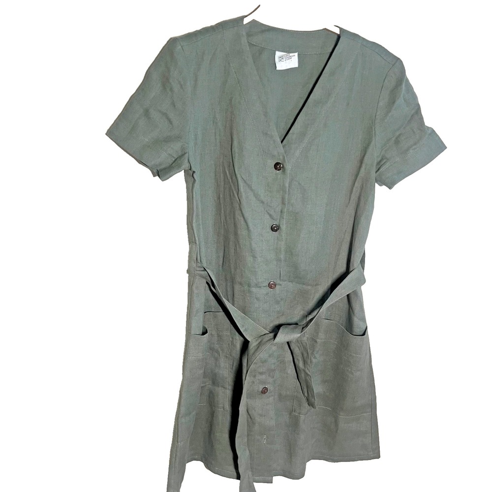 Linen Handmade Studio‎ Green Dress Button Front V Neck Dolman Sleeves 19" M